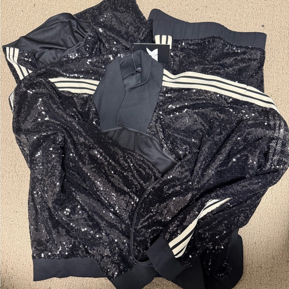 Adidas Inspired Black Sequin Jacket with White Stripes